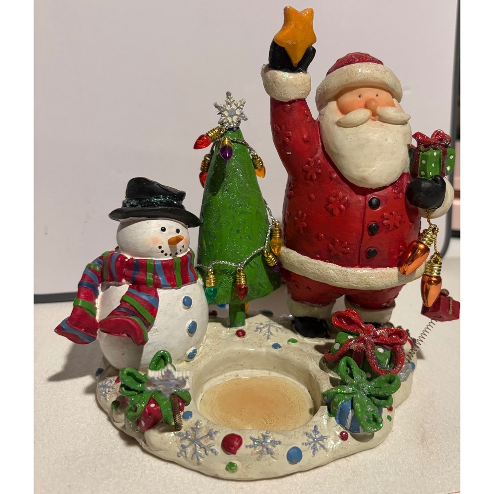 Vintage Santa and Snowman Christmas Tree Resin Votive Candle Holder Figurine